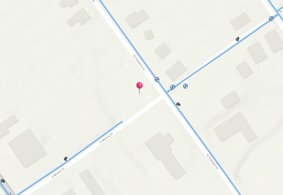 City of Dublin water map showing a water main along N Franklin Street with valves clustered at the E Moore Street intersection.