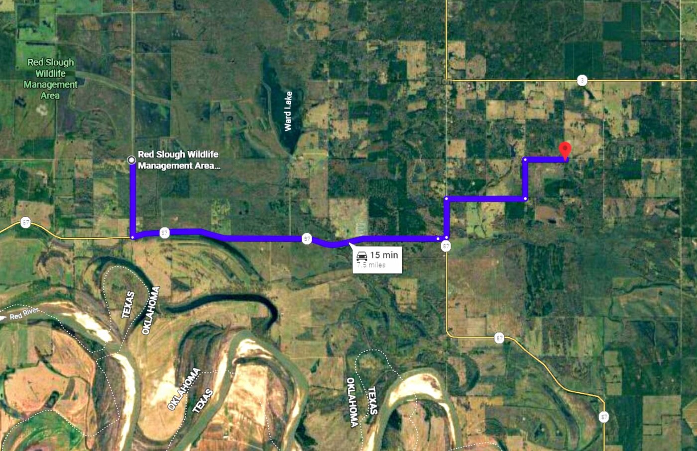 Map showing the fifteen-minute driving route between Red Slough Wildlife Management Area and the property.