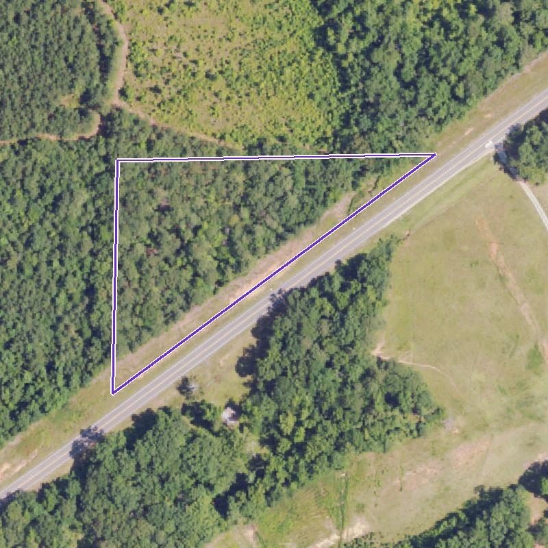 Overhead aerial of a wooded triangle outlined in white, bounded on its long side by a two-lane highway.