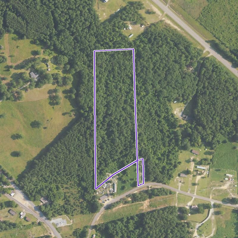 Overhead aerial of a long wooded rectangle outlined in white, joined to a curving road at the bottom by a thin strip.