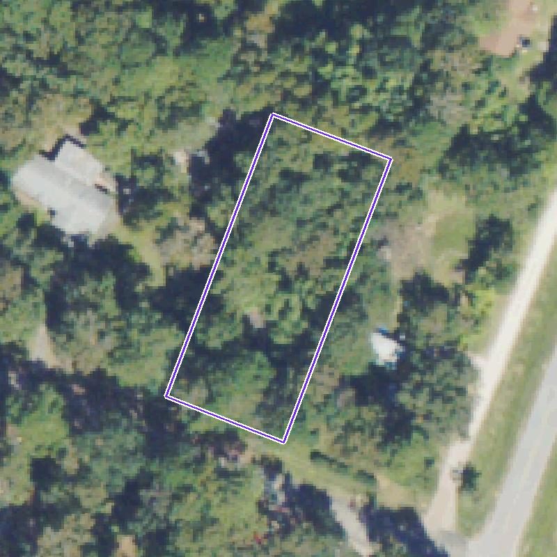 Overhead aerial of the half-acre wooded lot outlined in white, between neighbouring homes near a paved road.