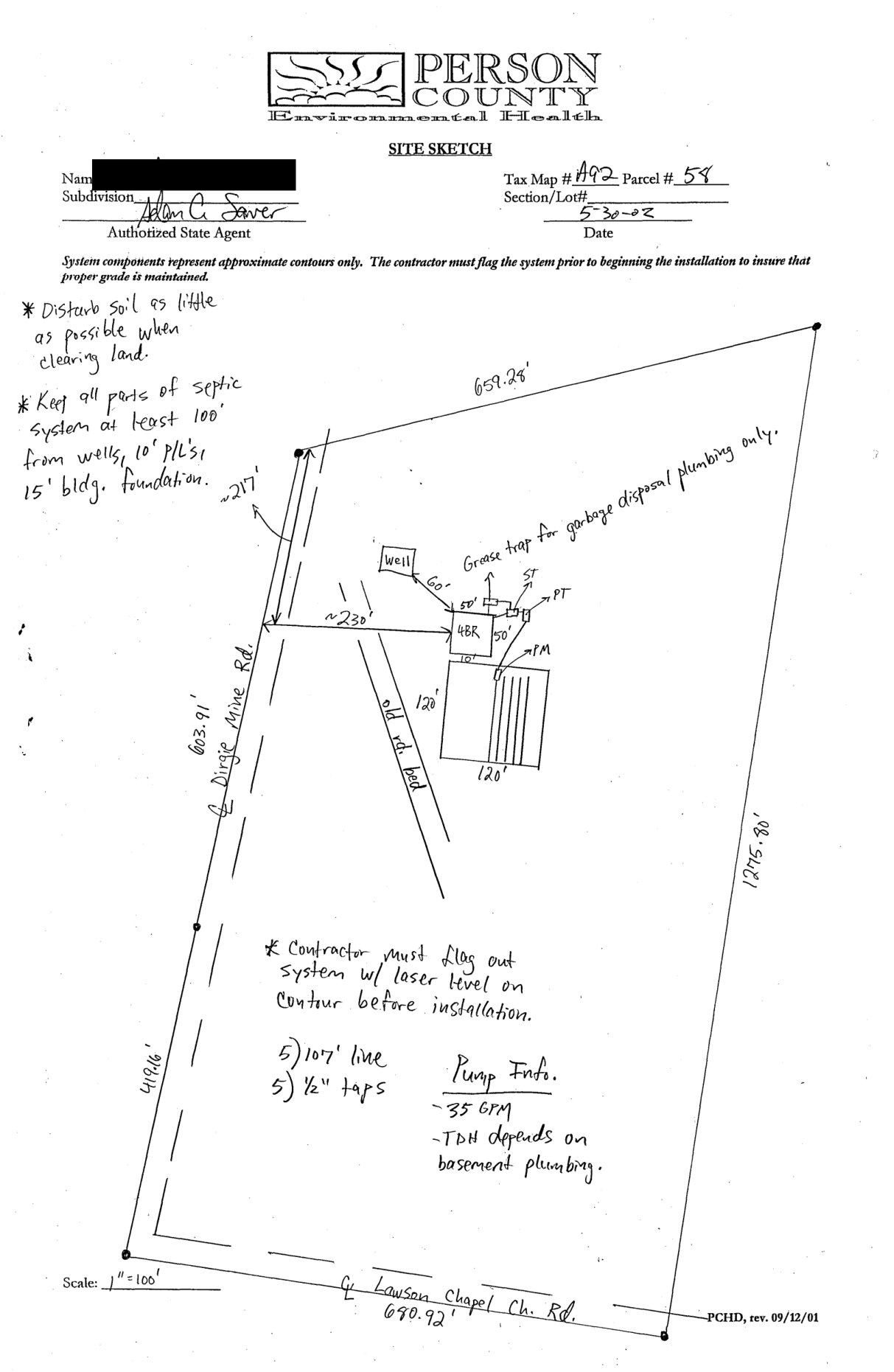 Person County site sketch from 2002 showing the parcel outline, a four-bedroom house site about 230 feet in from Dirgie Mine Road, the well, and a 120 by 120 foot drainfield.