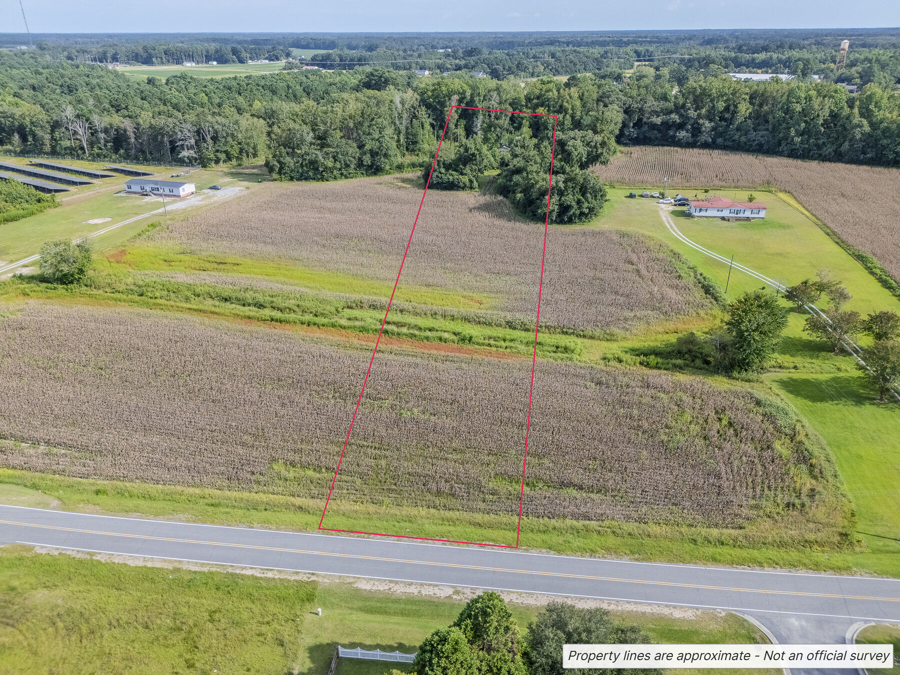 Drone view from the road over the three-acre lot in standing corn, its approximate boundary drawn in red, a home and a solar array on neighbouring land.