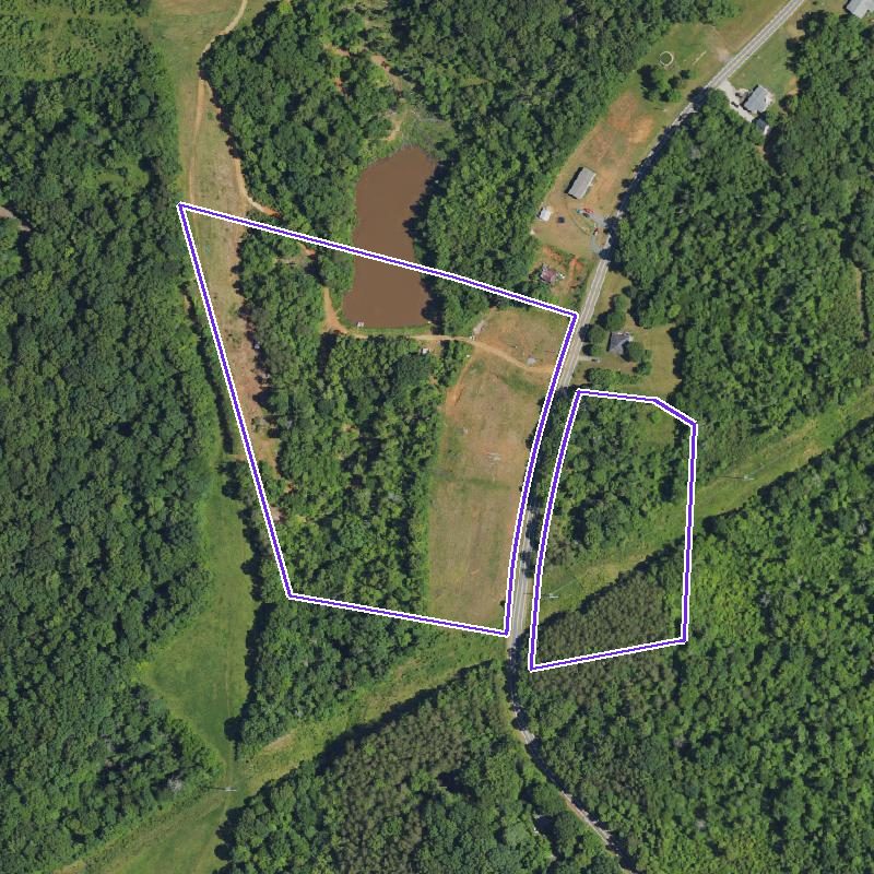 Overhead aerial of the wooded tract outlined in white with a road running through it and a pond at the north end.