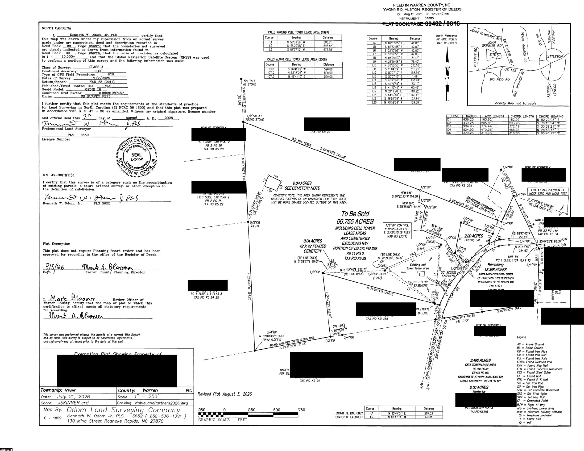 The recorded survey plat showing the 66.755-acre tract, the cell tower lease areas, the cemeteries and John Skinner Road.